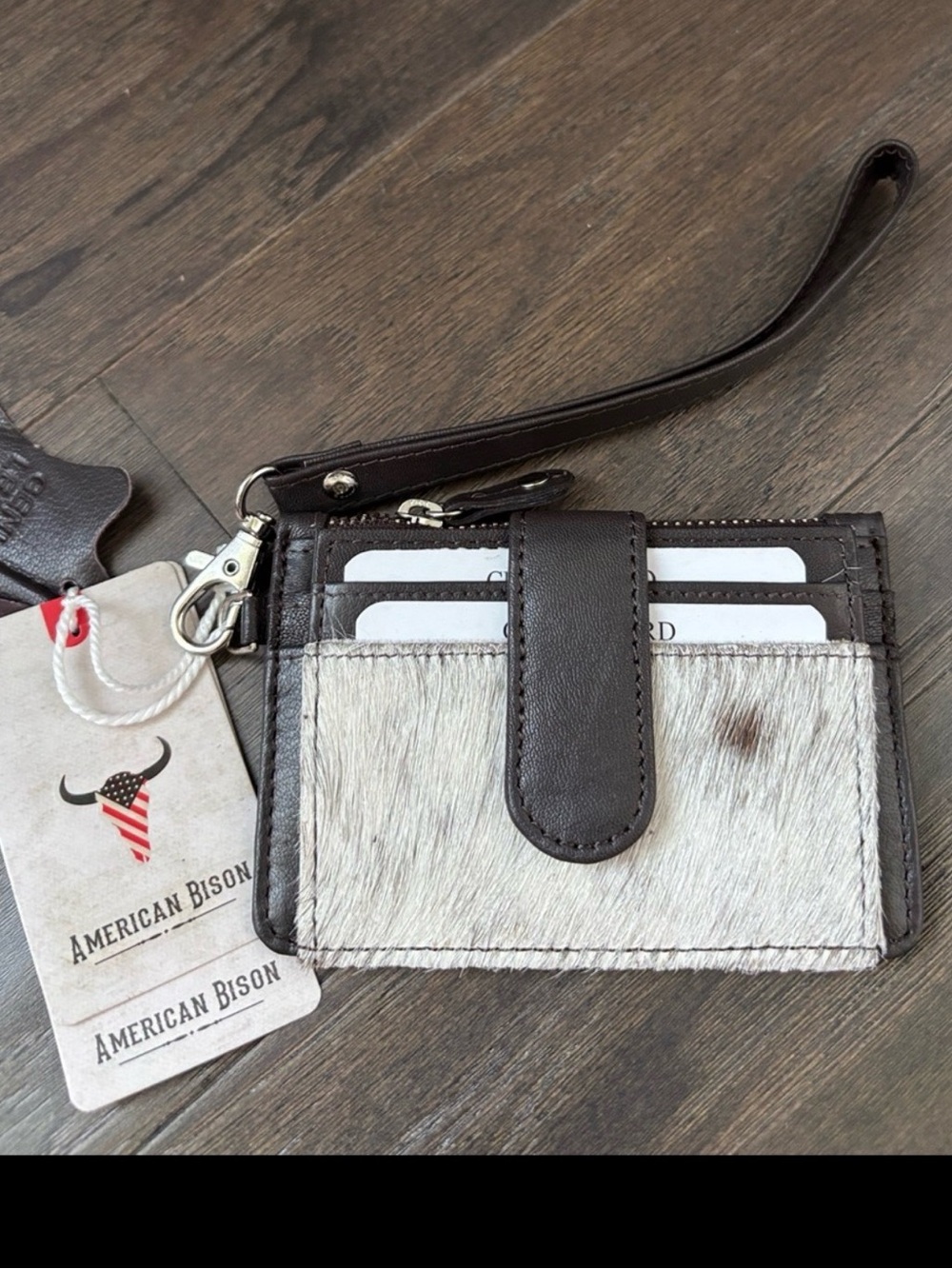 American Bison Hair on Hide,Genuine Leather,4 card,1 ID,zip coin,snap top wrist